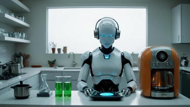 the robot is sitting at the kitchen counter, photo