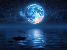 the full moon is rising over the water, photo