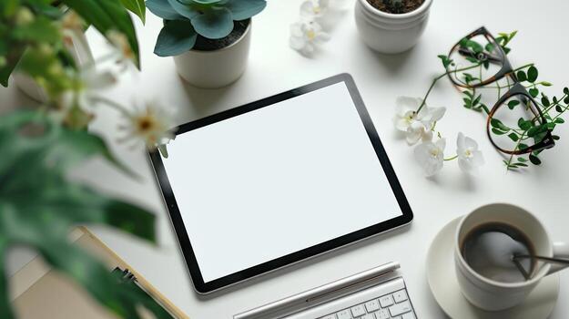 the tablet is placed on the desk in front of the plants, photo