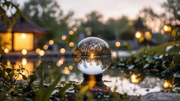 a clear glass ball is in front of houses, photo