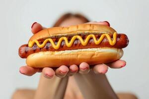a woman holding up a hot dog with lots of ketchup and mustard on it, photo