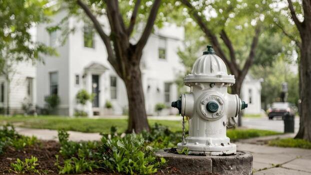 white and silver fire hydrant on sidewalk in front of suburban home, photo