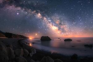 the milky shines above the ocean and cliffs, photo