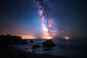 a body of water sitting under a cluster of stars, photo