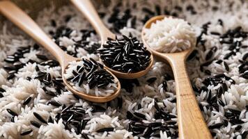 some spoons filled with assorted white grains, photo