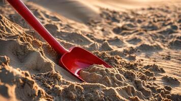 a shovel in the sand, with another red spoon on top, photo