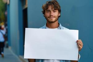 a man holding up a blank sign on the side of the road, photo