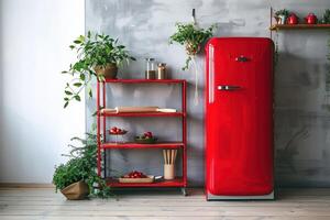an old school fashioned red refrigerator and shelves, with plants, photo