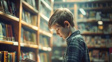 Young Boy Reading in Library photo