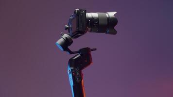Rome-Italy,05.07.2022. The concept of shooting with gadgets. Action.A large swivel tripod on which a large camera is attached shoots in different directions on a bright purple background. video