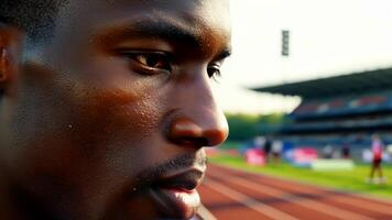 A focused male runner takes a deep breath before a race the track stretching out behind him lined with iconic bleachers and a scoreboard.. video