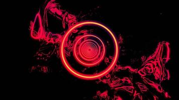 Black background. Design. Bright red circles in abstraction move forward next to the red paints and drawings around. video