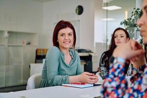 Business Team of Women Discussing New Topics and Strategies to Improve Client Operations. photo