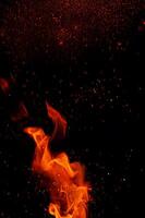 High-Resolution Fiery Flame and Sparks on Black Background, Ideal Texture Element for Barbecue and Culinary Themes photo