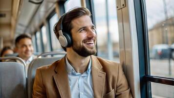 Handsome man listening to music with headphones while riding in bus photo