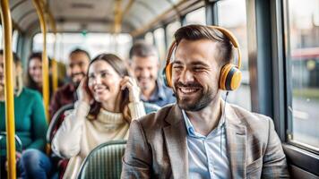 selective focus of smiling businessman in headphones sitting in bus and looking at camera photo