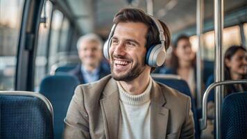 Smiling man listening to music in headphones while traveling by bus with colleagues photo