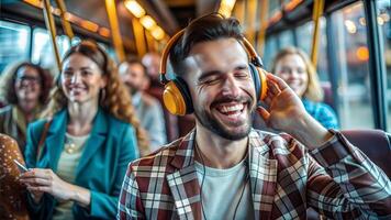 Smiling man in headphones listening to music while riding on a bus photo