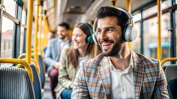 Portrait of smiling man in headphones sitting in bus and looking at camera photo