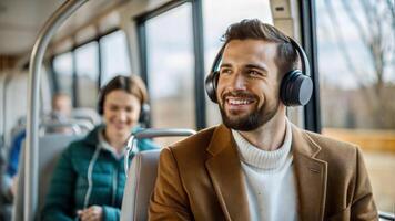 selective focus of smiling man in headphones riding in bus with girlfriend photo