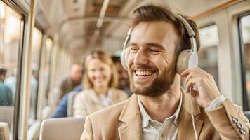 Young man listening to music with headphones in the bus, looking at camera and smiling photo