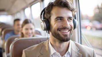 Portrait of happy businessman in headphones riding a bus with colleagues in background photo