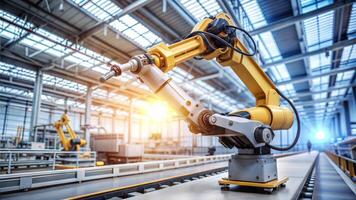 Smart industry robot arms for digital factory production technology showing automation manufacturing process of the Industry 4.0 or 4th industrial revolution and IOT software to control operation. photo