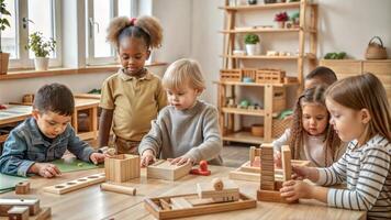Group of children playing with wooden blocks in kindergarten. Little boys and girls sitting at table and having fun together. photo