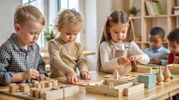 Cute little children playing with wooden blocks at home. Group of kids having fun together. photo