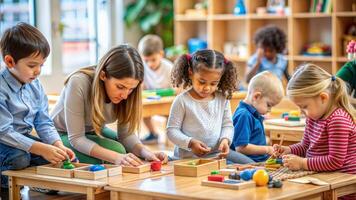 Group of kids playing with wooden blocks in kindergarten. Children and education concept photo