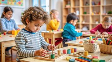 Cute little boy playing with wooden blocks in kindergarten or preschool. photo