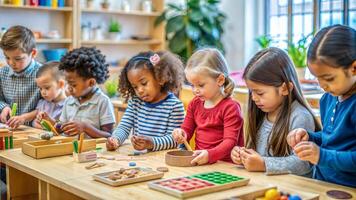 Group of kids in kindergarten learning to play with wooden blocks and numbers photo