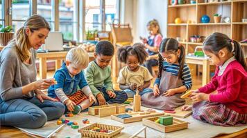 Group of kids playing with wooden blocks in kindergarten or daycare center photo