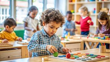 Cute little boy playing with colorful wooden blocks in preschool classroom. photo