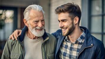 Portrait of smiling senior man with his adult son in the city photo