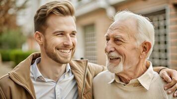 Portrait of smiling father and son looking at camera in the street photo