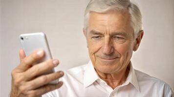 Portrait of senior man using mobile phone at home, closeup photo