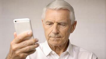 Senior man using mobile phone, focus on face. Closeup portrait of senior man using smartphone, blurred background photo