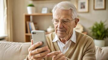 Senior man using mobile phone at home in the living room, looking at the screen and smiling photo