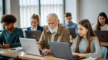 Group of students and teacher working on laptop computer at university classroom. photo