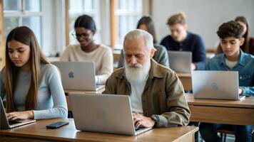 Group of multiethnic students using laptop together in classroom at university photo