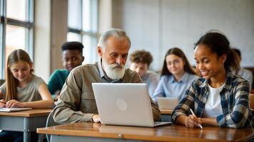 education, technology and people concept - group of smiling students with laptop computer in classroom photo
