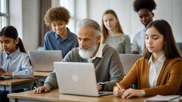 Diverse group of students and teacher in a computer class at school photo