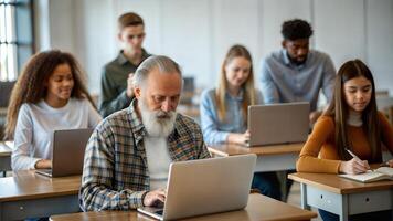 Group of multiethnic students using laptop in classroom. Selective focus. photo