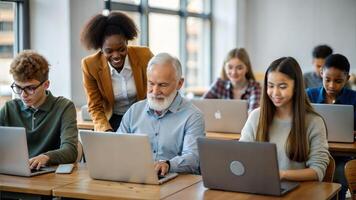 Multiethnic group of students and teacher in computer class. Education and technology concept. photo