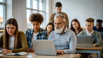 Group of multiethnic students using laptop computer during lesson in university library photo