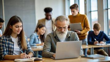 Group of multiethnic students studying together in the classroom at university photo
