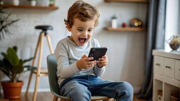 Happy little boy playing on smartphone at home. Cute child holding mobile phone and smiling. photo