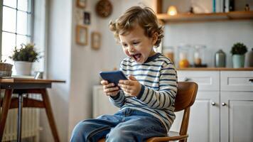 Cute little boy playing with mobile phone at home. Happy child having fun with smartphone. photo