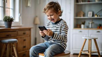Cute little boy using mobile phone while sitting on chair at home photo